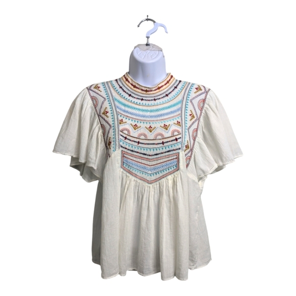 Zara Trafaluc Women's White Canvas Top Embroidered Short Flutter Sleeve Boho S - Picture 1 of 7